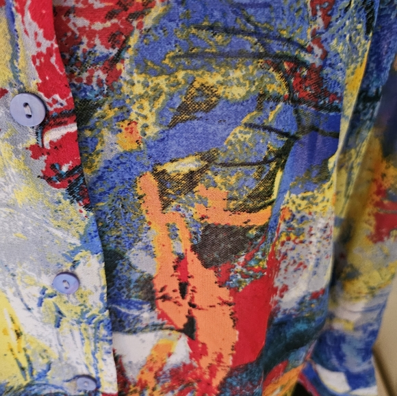 Vintage Blouse Modern Colorful Abstract Art Design Button up Long Sleeve - Picture 3 of 12